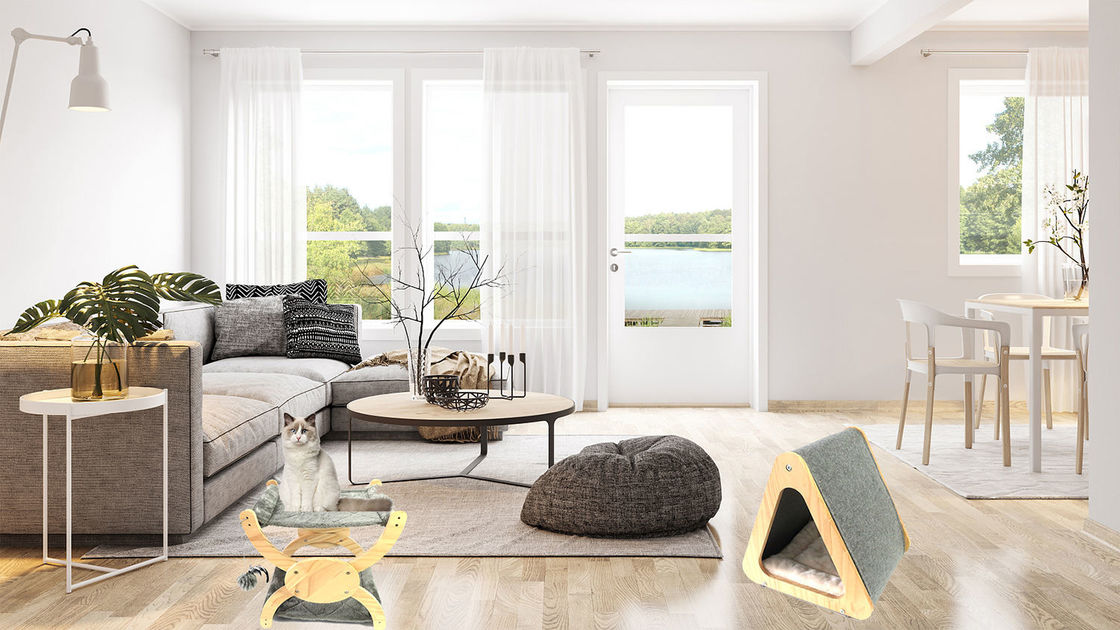 गुफा को खरोंचने के लिए CARB लकड़ी का बिल्ली के अनुकूल फर्नीचर फ़ोल्ड करने योग्य बिल्ली का घर बिस्तर