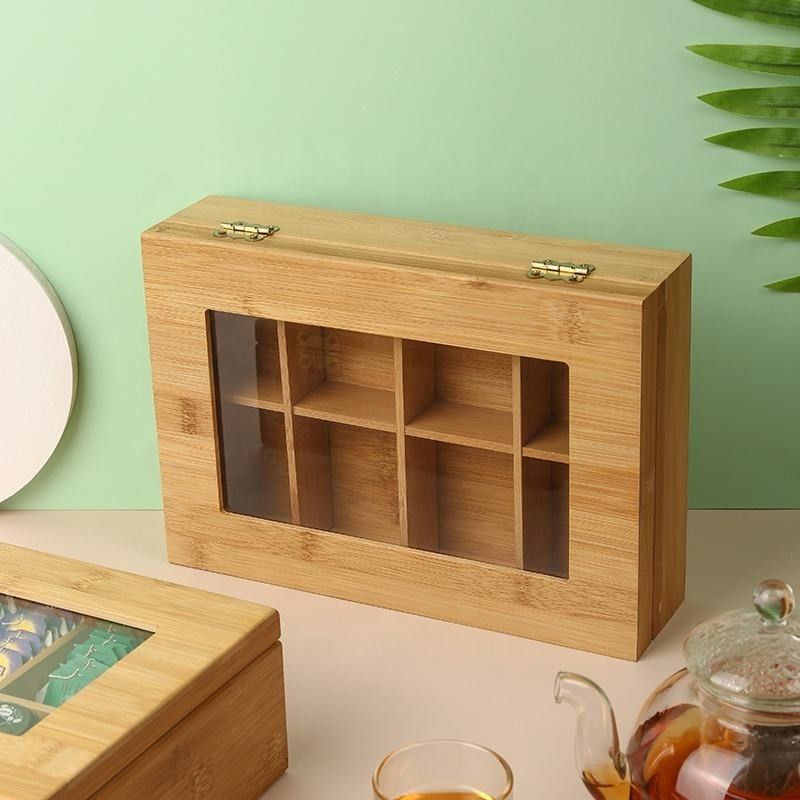 8 डिब्बे टिका हुआ लकड़ी का भंडारण बॉक्स बांस चाय बॉक्स भंडारण आयोजक