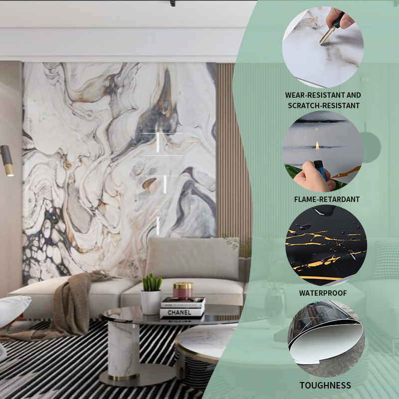सोने का पाउडर पत्थर नस दीवार पैबेल संगमरमर के पैटर्न वाले यूवी उच्च चमकदार संगमरमर नमी के सबूत बड़े कस्टम मोटाई पीवीसी संगमरमर शीट